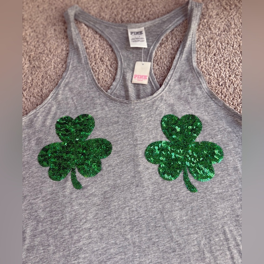 NWT PINK Victoria's Secret Gray TankTop w/ Green Sequin Shamrocks - Picture 2 of 4